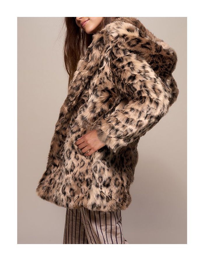 Faux Fur Coat Winter New Cute Hooded Leopard Print Medium Long Warm Fur Coat